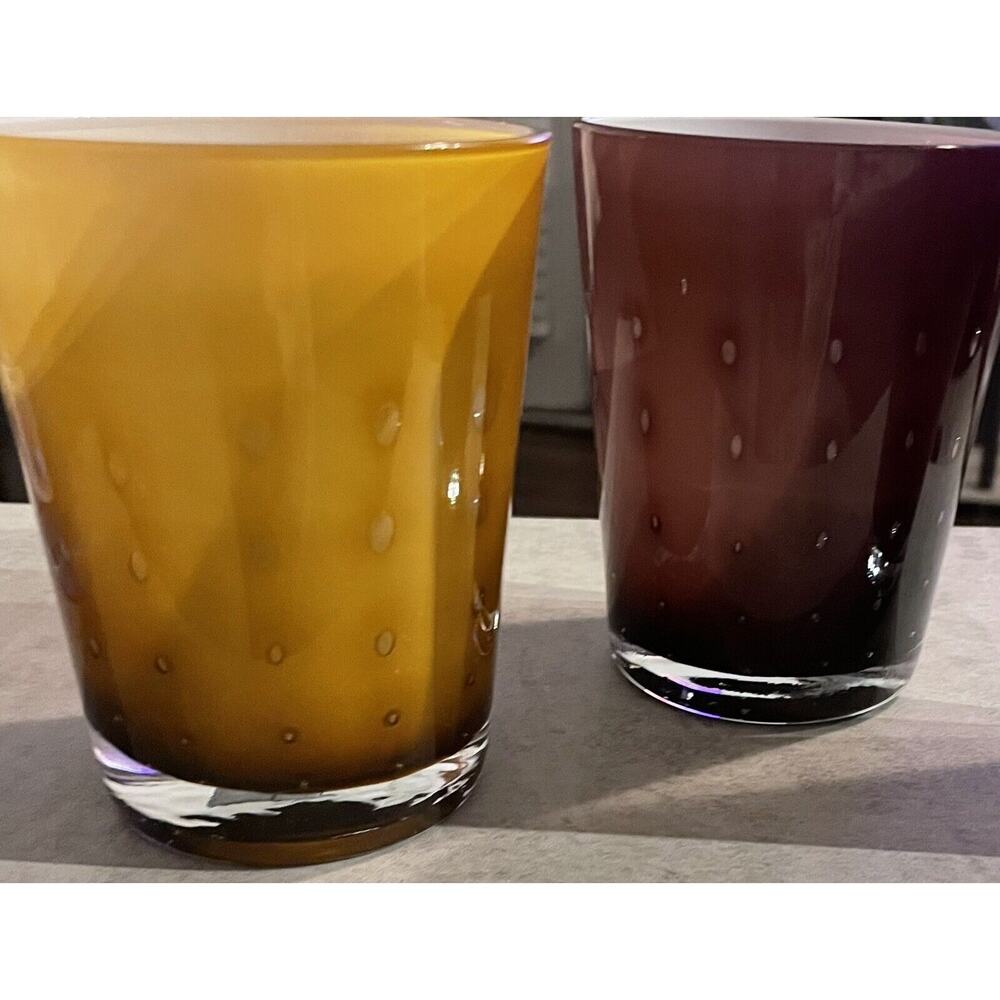 (1) Amethyst & (1) Amber White Cased Bullicante Drinking Glasses 4.5” high